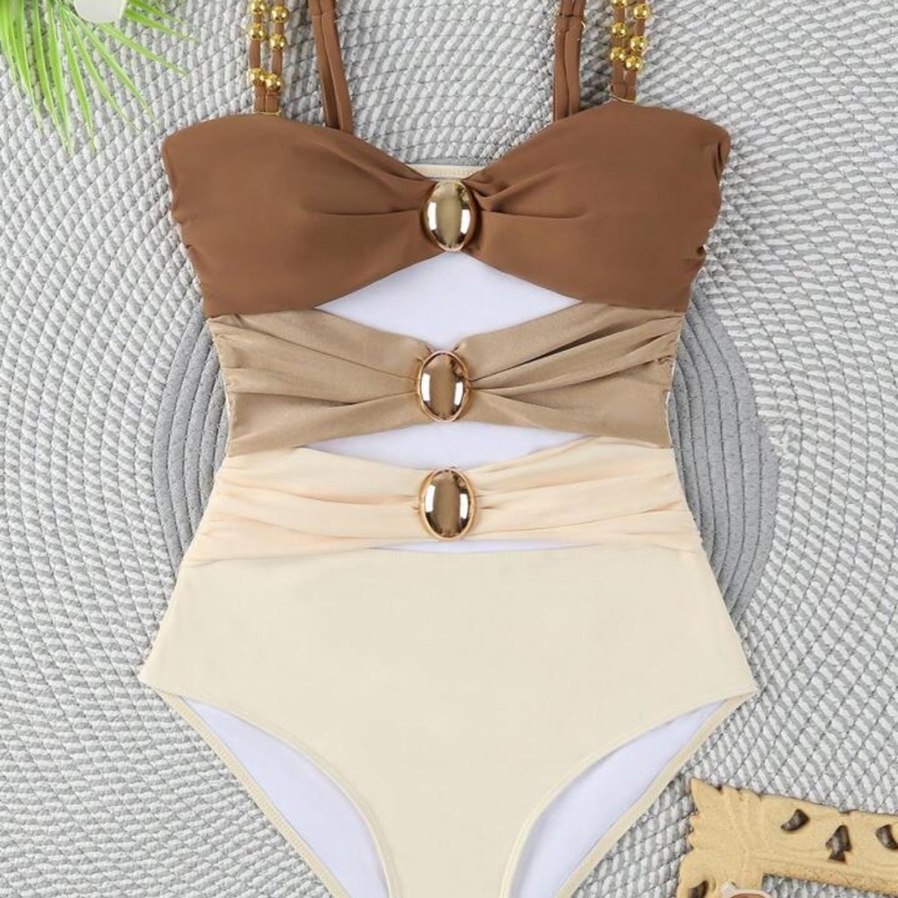 Brown and Cream Swimsuit with Gold Accents